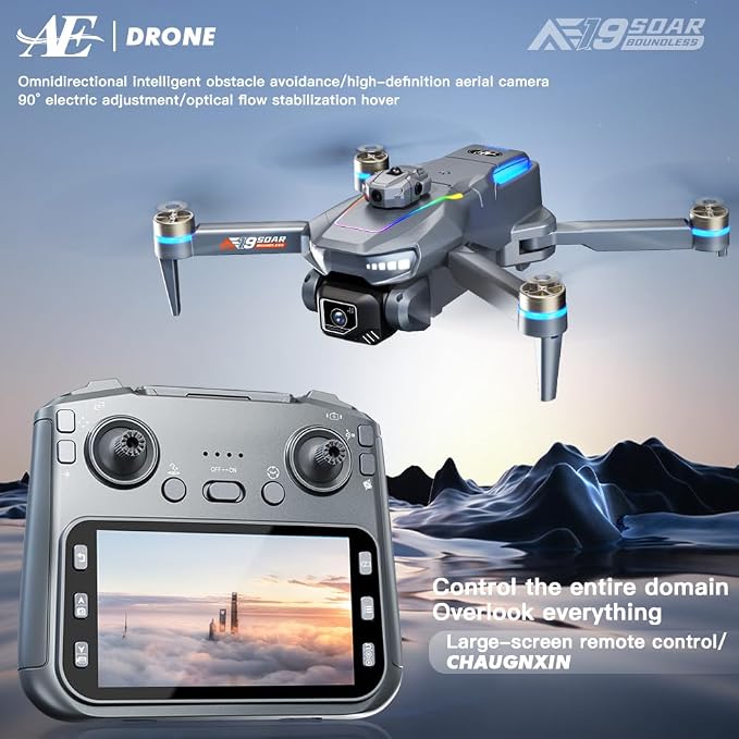 Drone with HD Camera for Adults, Foldable RC Drone with 4.3 Inch Screen on Controller, Brushless Motor, 5-Way Infrared Obstacle Avoidance, Electric Adjustable HD Camera, Optical Flow Positioning, Headless Mode, 360° Flip, Under 250g Lightweight Portabl...