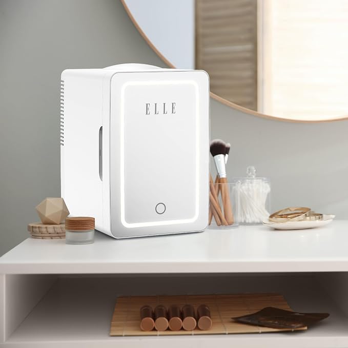 ELLE 6L Mini Cooler Fridge with LED Makeup Mirror for Skincare & Cosmetic Storage Cooler & Warmer Removable Shelf Carrying Handle AC DC Power Options Small Refrigerator for Bedroom Car Office White