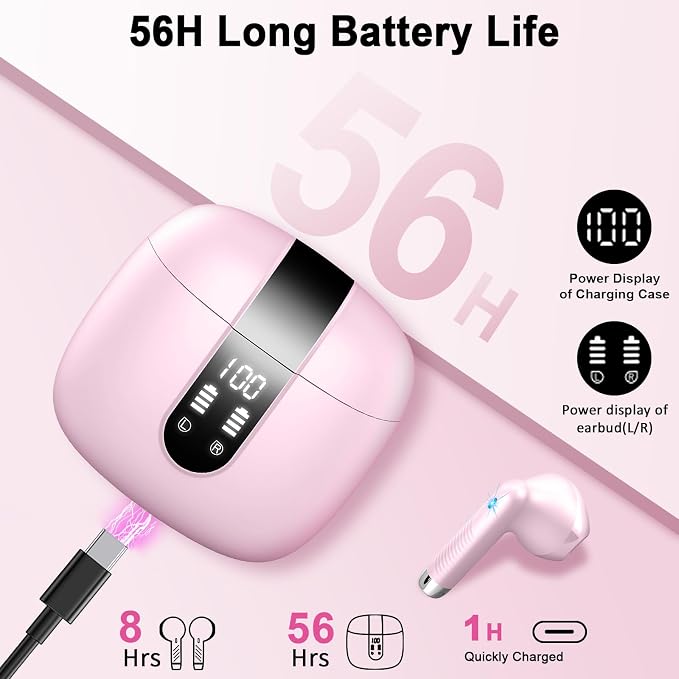 Wireless Earbuds, Bluetooth Headphones V5.4 Stereo Bass Ear Buds with ENC Noise Cancelling Mics,56H Bluetooth Earbuds with LED Display Charging Case, IP7 Waterproof Earphones for Android iOS【Mini】