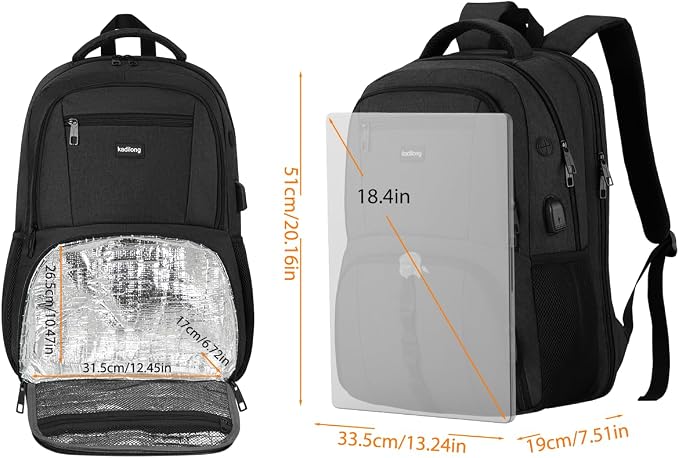 kadilong 18.4 Inch Laptop Backpack Insulated Backpacks with Cooler Compartment,TSA Large School Bag Lunch Box for Teens Boys,Anti-Theft Work Business Bookbag for Men Women