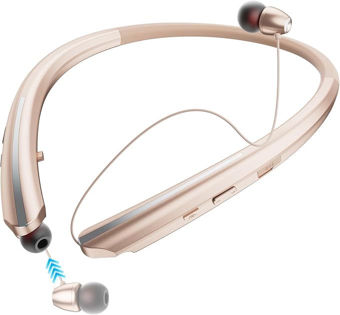 Neckband Bluetooth Headphones, Wireless Retractable Headset with Mic, IPX5 Sweatproof Earphones, Noise Cancelling Earbuds | 22H Playtime for Sports/Running/Driving (Rose Gold)