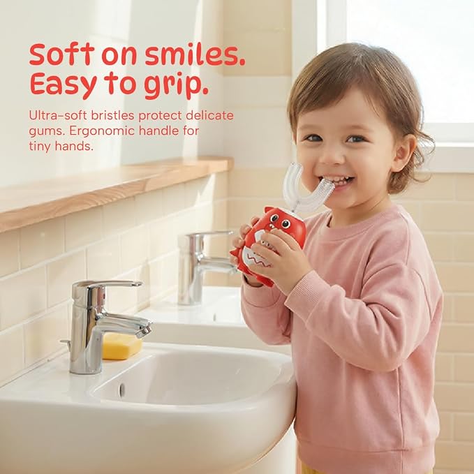Well Before Kids U Shaped Electric Toothbrush with 5 Brush Heads, Ultrasonic, 5 Modes, IPX7 Waterproof Design (Shark, Red Ages 2-7)