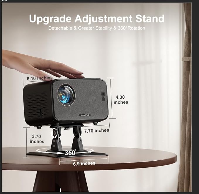 [Officially-Licensed App & Auto Focus]Light Black Smart Mini Projector with WiFi and Bluetooth, XuanPad 4K Support Movie Projector, Portable Native 1080P Outdoor Projector with 360° Stand