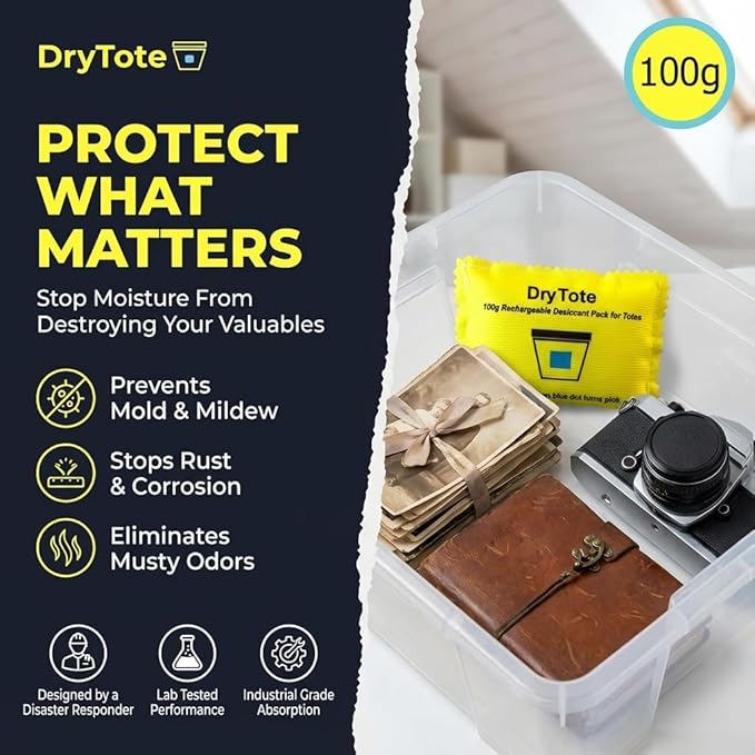 DryTote Rechargeable Desiccant Packs (10 Pack), Silica Gel Moisture Absorber for Storage Bins & Totes, Color-Change Indicator, 100g, Yellow