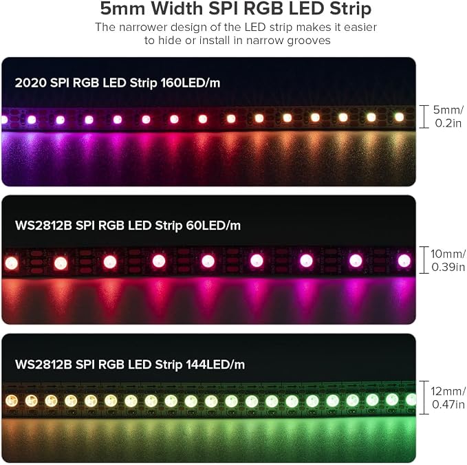 BTF-LIGHTING WS2812B IC RGB 5mm Ultra Narrow LED Strip 2020SMD DC5V Individually Addressable 13.1FT 160Pixels/m 640LED Dream Color Tape Light for Home DIY Decoration IP30 (No Adapter or Controller)