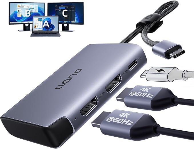 llano USB-C to Dual HDMI Adapter for Dual Monitors, HDMI Splitter with Dual 4K@60Hz Extended Display, 2K@144Hz@120Hz Support, 100W PD Charging, MST Hub for MacBook and Windows Laptop