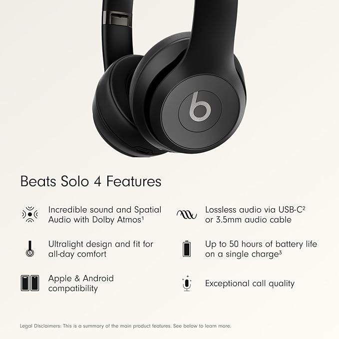 Beats Solo 4 - Wireless On-Ear Bluetooth Headphones, Up to 50-Hour Battery Life, Ultra-Lightweight Comfort, Powerful and Balanced Sound, Apple & Android Compatible - Matte Black