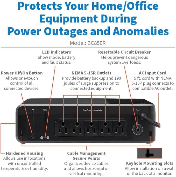 Tripp Lite 850VA UPS Desktop Battery Backup and Surge Protector, 450W, 5 Outlets, Home & Office UPS, Small Form Factor, Wall Mounting Option, 5ft Cord, 3-Year Warranty (BC850R)