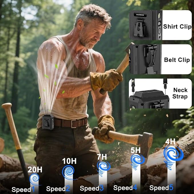 CAZOKASI Wearable Waist Clip Fan with Lighting Desktop Stand 16000rpm Runtime upto 20 hours (5000mAh / Black)