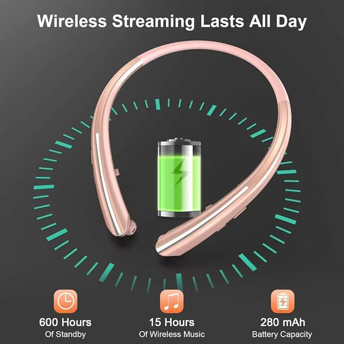 Bluetooth 5.0 Neckband Bluetooth Headphone, Sweat Resistant Noise Cancelling Stereo Headphones, and Retractable Ear Tips for Music, Conference, Videos (Rose Gold)