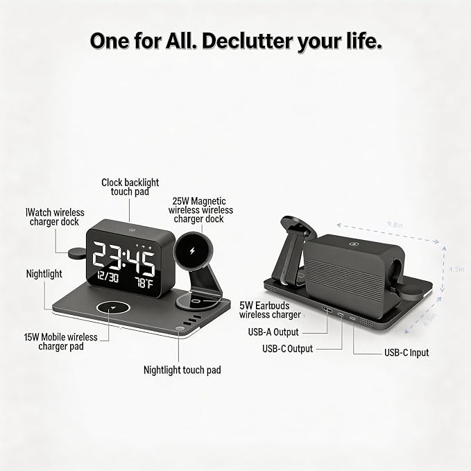 25W Magnetic Wireless Charging Station with Bluetooth Clock, 7-in-1 Rotatable Stand with Dimmable LED Lamp, 65W Adapter, Charger for iPhone 17/16/15 Apple Watch AirPods Bedside Nightstand Desk