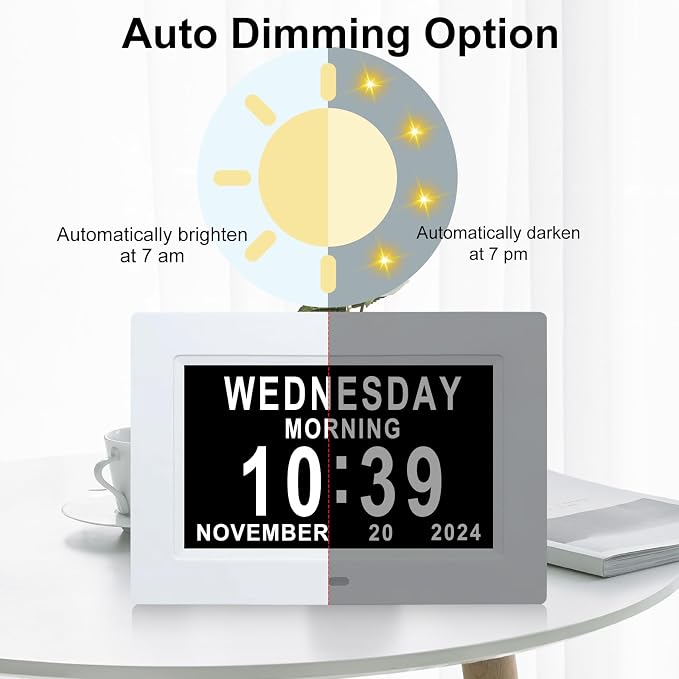 Johnziny 7 Inch Digital Clock with Day and Date for Elderly Large Display for Elderly Dementia Clock Customizable Alarms, 12 Alarms,4 Colors Display Digital Calendar Alarm Clock (White)