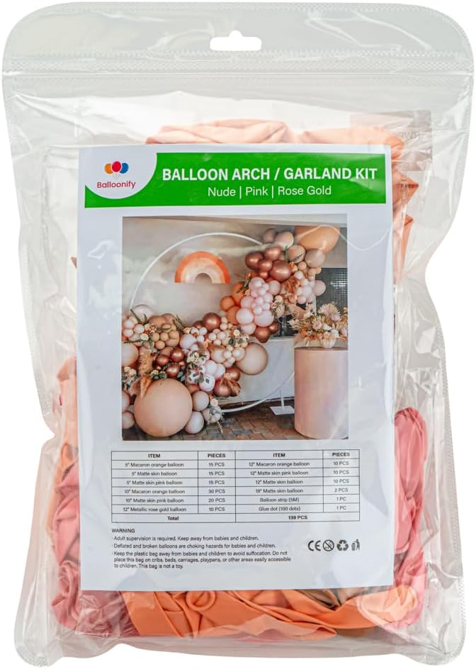 Restaurantware-Balloonify Balloon Garland Set, 1 Party Decoration Kit - 137 Balloons, With Chain, Nude, Pink, & Rose Gold Latex Balloon Arch Kit, Includes Glue Dots- Restaurantware