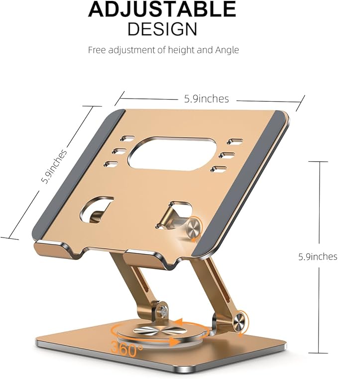 Orlian Tablet Stand Holder with Thickened 360°Rotating Base Dual Rod Adjustable Aluminum Stand for All 5.8-12.9” iPad Samsung Phone Tablet Kindle E-Reader and More, Champagne Gold