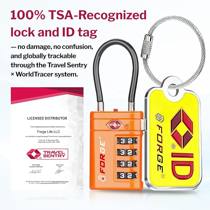 Forge TSA Approved Cable Luggage Locks with TSA008, 4-Digit Combination & Open Alert Indicator, Zinc Alloy Body, 2 Orange Travel Locks with 2 TSID Smart Lost & Found Tags for Luggage & Suitcase