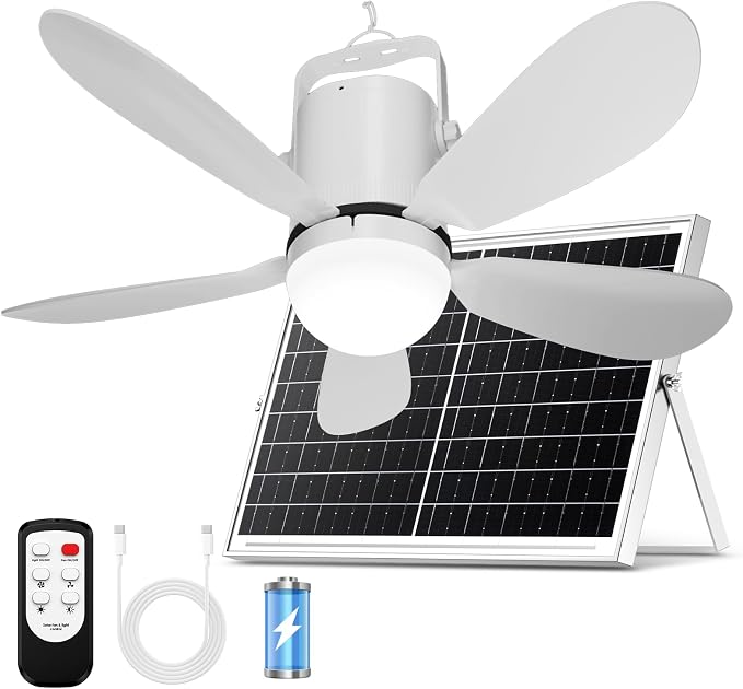 21” Solar Ceiling Fan Light, Solar Outdoor Ceiling Fan Light with Remote and Hook, Portable Wireless Rechargeable Outdoor Hanging Fans for Camping RVs Patio Canopy Chicken Coop Outside
