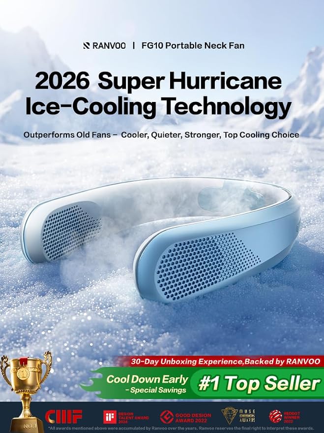 RANVOO FG10 Pro 2026 Ice Cooling Neck Fan 【Full Body Cooling 16 Hours Battery Life】 AI Personal Cooler, Immersive Neck Cold Wind, Rechargeable Strong Airflow Wearable Fan,Gift for Mom Dad