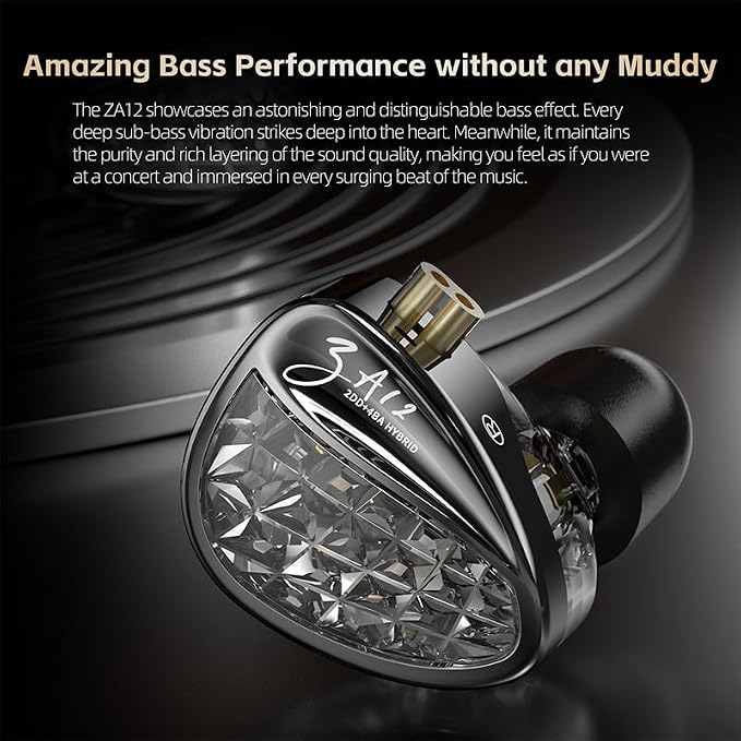 KZ ZA12 in Ear Monitor, 2DD+4BA Hybrid Wired Earbuds, KZ in Ear Monitor, Gaming Earbuds, Crystal Clear IEM Earphones, Silver-Plated IEM Cable for Audiophile Enthusiasts (No Microphone, Matte Black)
