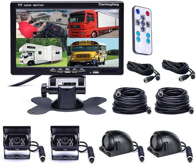 Vehicle Backup Cameras Monitor System 12V/24V,4 x HD 1080P Front Side Rear View Camera + 7" inch Quad Split 4CH Car LCD IPS Monitor for RV Bus Truck Trailer Caravan Camper