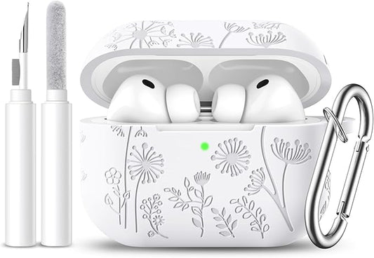 Lerobo for AirPods Pro 3 Case with Cleaner Kit,Floral Engraved Silicone Cover with Keychain Compatible with Apple AirPod Pro 3 Case Cover 2025 for Women & Men,Full Body Protection,Led Visible,White
