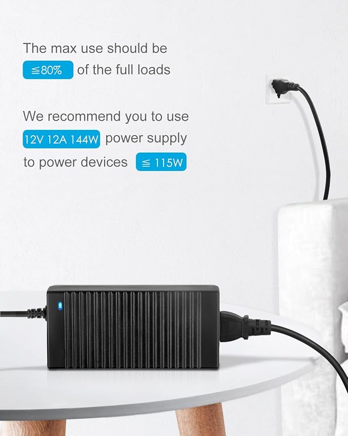 ALITOVE 12V Power Supply DC 12 Volt 12 Amp 144W Power Adapter 100-240V AC to DC Adapter 110V to 12V Converter 12A 10A Low Voltage Transformer with 5.5mm x 2.5 2.1mm Plug for LED Light 3D Printer