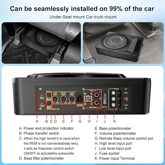 litillbuly 1200W Car Subwoofer,10 Inch Slim Under Seat Car Subwoofer and Amp Package Powered Subwoofer for Car/Truck, High/Low Level Inputs Remote Control Enhanced Bass,Perfect for Truck/SUV/Jeep/MPV
