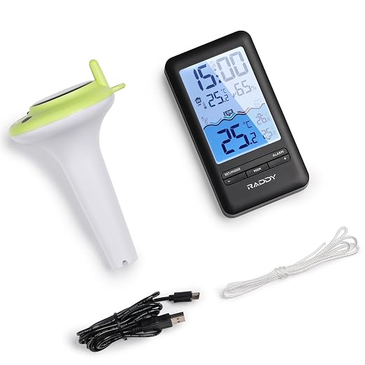 Raddy PT-5 Wi-Fi Pool Thermometer, Wireless Smart Floating Sensor with Indoor Console, APP Remote Monitoring, IPX8 Waterproof, Solar & USB-C Rechargeable, for Hot Tub Spa Swimming Pool Tank Aquarium