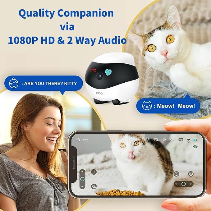 Rocon Ebo SE Pet Robot Camera, 2 Way Talk, Night Vision, App Remote Control, Indoor Security Camera, Movable Cam for Dog/Cat/Baby, SD Card