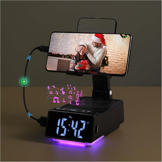 Father's Day Gifts for Dad, Birthday Gifts for Men, 7 in 1 Phone Stand Bluetooth Speaker with Alarm Clock, Wireless Charger, Light, USB Playback & Hands-Free Calling