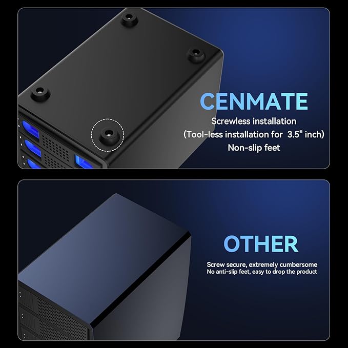 CENMATE Aluminum 4 Bay Hard Drive RAID Enclosure with Cooling Fan for 2.5/3.5" SATA HDD/SSD with USB A/C 3.0＋eSATA Cable, 3.5 Hard Drive Reader Supports 80TB Capacity, 8 RAID Modes, DAS(NO NAS)