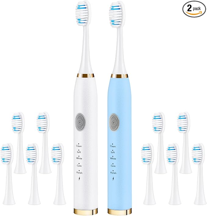 Dnil 2 Pack Electric Toothbrush for Adults and Kids, Travel Toothbrush Includes 10 Replacement Toothbrush Heads, 5 Modes with 2 MIN Smart Timer (Blue White)