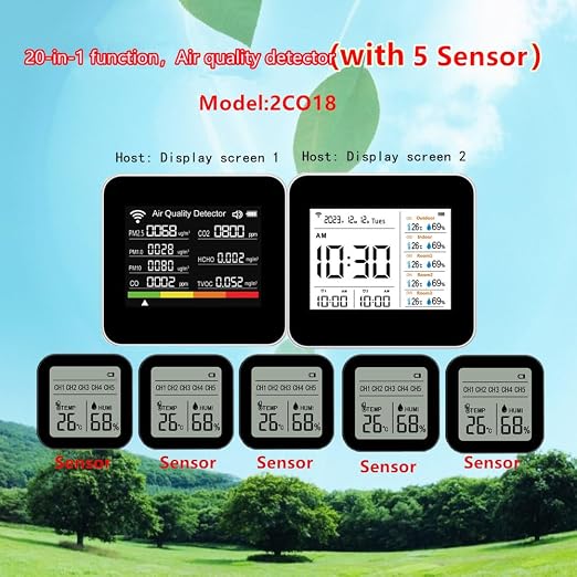 20-in-1 Smart WiFi Air Quality Monitor CO2 TVOC HCHO PM2.5 PM10 & Weather Stations Wireless Indoor Outdoor Thermometer with 5 sensors ，Air Quality Tester for Bedroom, Smart Home, Phone APP.