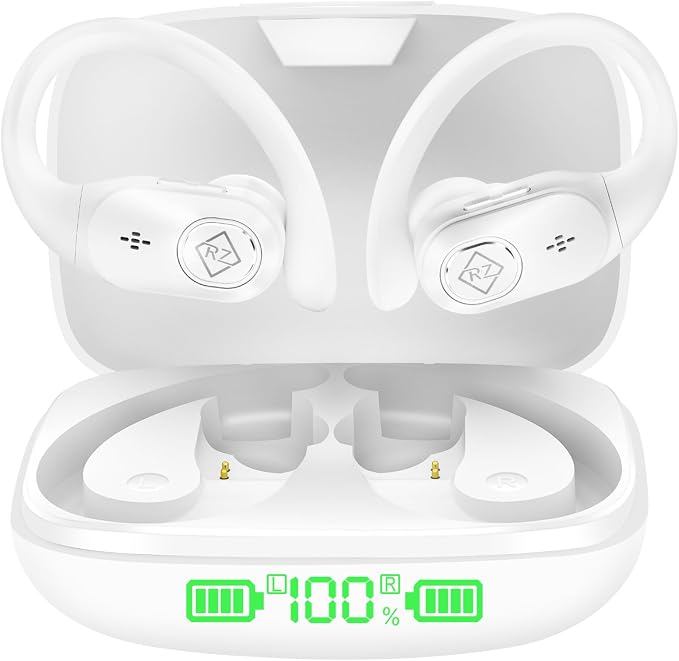 Wireless Earbuds Bluetooth Headphones 96H Playtime LED Display Waterproof Built in Mic Deep Bass Sound Secure Over Ear buds Earhooks for iPhone Android Samsung Cell Phones Sport Workout Gaming Running