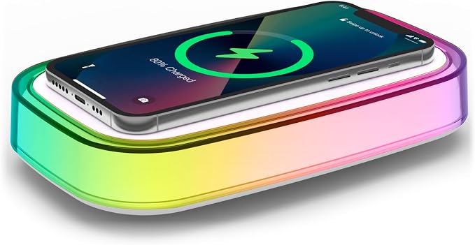 Westclox Wireless Charging Pad with Fast 15 Watt Wireless Charging, RGB Color Changing Light with 6 Modes, Adjustable Brightness, Slim Compact Design, USB C Powered Charging Pad for Home or Office