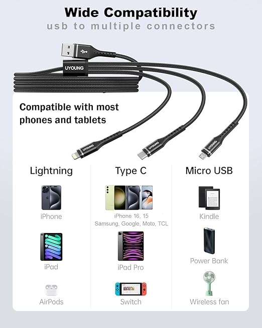 Short Multi Charging Cable 1FT 2Pack 3 in 1 Charger Cord Braided Universal Phone Cords with Lightning/Type C/Micro USB Connectors, Multiple USB Cable for iPhone/Samsung/Google Phones and More