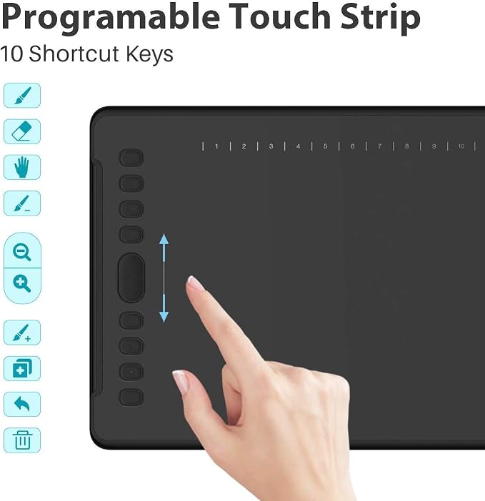 HUION Inspiroy H1161 Graphics Drawing Tablets, Touch Strip and 8192 Pen Pressure Sketch Tablet with Battery-Free Stylus,10 Shortcut Keys, Compatible with Android, Windows, and Mac Black