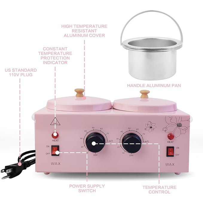 Portable Wax Warmer with Adjustable Temperature and 40 Wax Sticks - Painless Hair Removal for Women and Men (Pink-Double Pots)