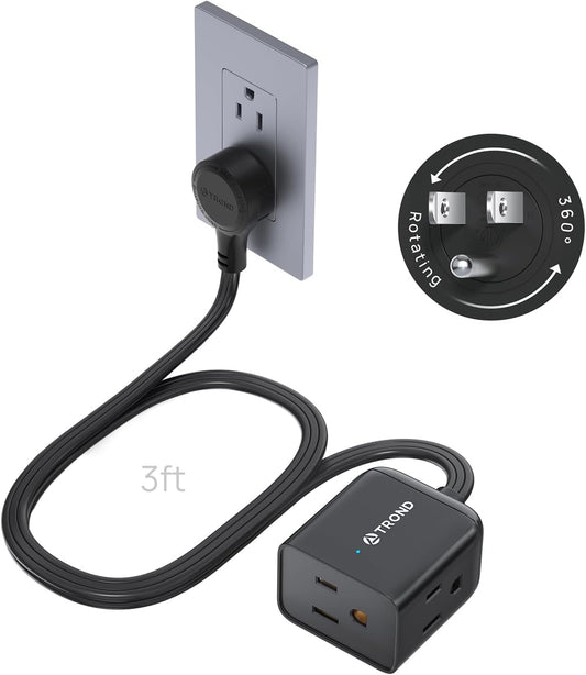 TROND 360° Rotating Flat Plug Extension Cord 3ft, Low Profile Small Power Strip, Three Side Grounded Outlet, 13A, Short SPT 16/3 Gauge Cable for Indoor Home Office Cruise Travel Essentials, Black