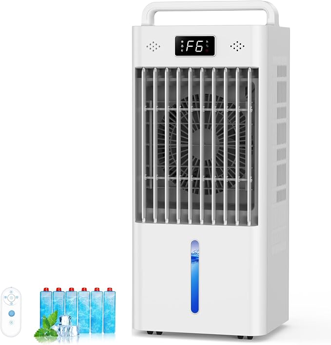 Feculs Portable Windowless Air Conditioners, 3-IN-1 Swamp Cooler, Evaporative Air Cooler, 6 Speeds & 3 Modes, 3-Gal Water Tank for Cooling, 20 FT/S Remote Control, Portable Air Cooler for Indoors