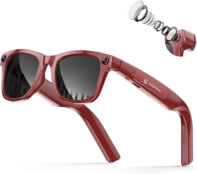 EarlySincere 2026 Ai Smart Glasses for Men Women, 8mp 4k Hd Camera Glasses, 410mah Battery, Supports Photo/Video/Audio Recording, Ai Voice Control, Ai Glasses with Bluetooth Calling(Porto red)