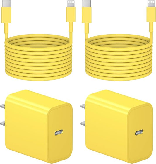10 Ft iPhone Fast Charger, 2-Pack 20W Super Fast Charger with Long Fast Charging Cable for iPhone 14/13/12/11 Pro Max,14 Plus,Mini,Pro/XS/SE/XR/iPad - Yellow
