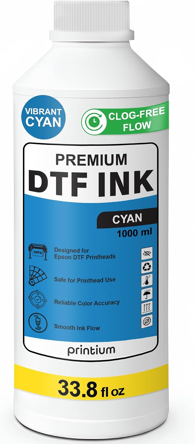 DTF Ink Cyan 33.8 fl oz (1000ml) | High Opacity Clog-Free Formula | Compatible with ET8550 L1800 XP600 I3200 4720 XP15000 & All Printheads | Reliable Color Accuracy & Smooth Flow