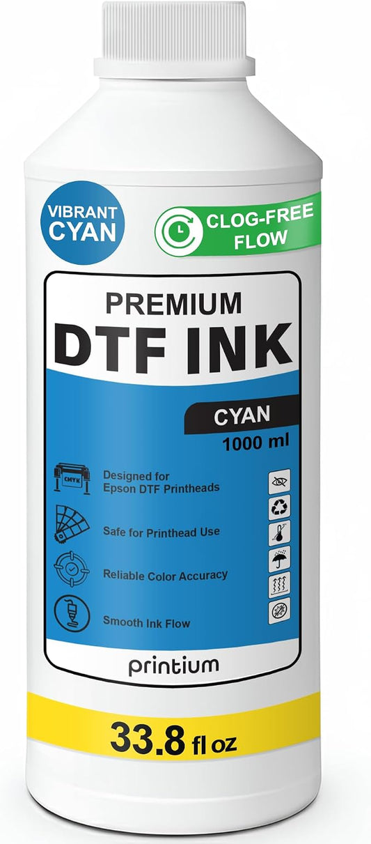 DTF Ink Cyan 33.8 fl oz (1000ml) | High Opacity Clog-Free Formula | Compatible with ET8550 L1800 XP600 I3200 4720 XP15000 & All Printheads | Reliable Color Accuracy & Smooth Flow