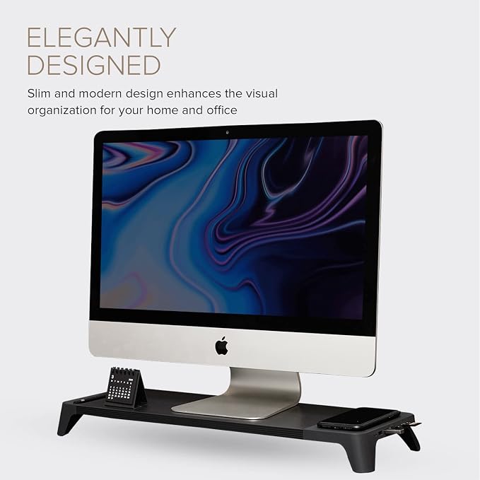 POUT E8 Wood Desk Monitor Computer Stand Riser Shelf + USB HUB + Qi Fast Wireless Charging Charger Pad Mat for Laptop, Apple, iMac, PC, iPhone, Samsung Galaxy, Airpod 2, Buds (Black)