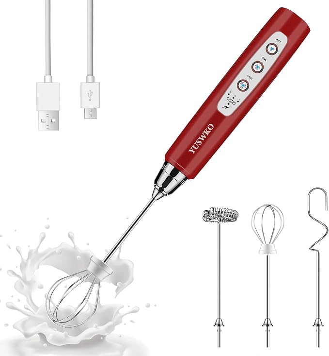 YUSWKO Red Handheld Milk Frother Wand for Coffee, Rechargeable Electric Whisk with 3 Heads 3 Speeds Drink Mixer Coffee Frother For Latte, Cappuccino, Hot Chocolate, Egg