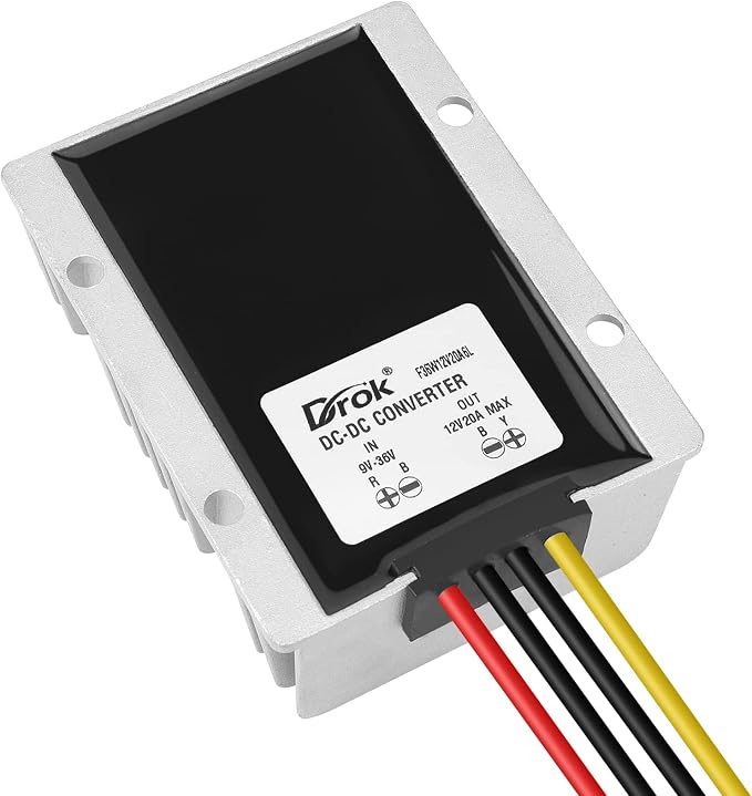 DROK Boost Buck Converter 9V-36V to 12V 20A 240W Aluminium Shell Waterproof Auto Step Up Down Voltage Regulator 12V Volt Transformer for Car Audio Solar Power System LCD Television LED Display Screen