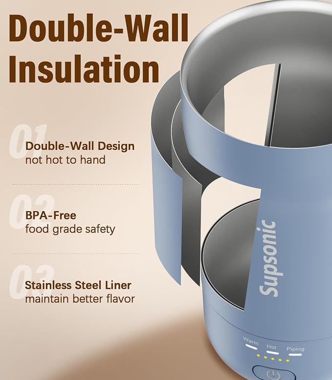 Supsonic - 14oz Heated Coffee Mug, Self-Heating Travel Mug with 3-Temp Settings, Insulated Stainless Steel Constant Temperature Heating Mug for Beverage, Smart Heating Portable Coffee Mug | S1