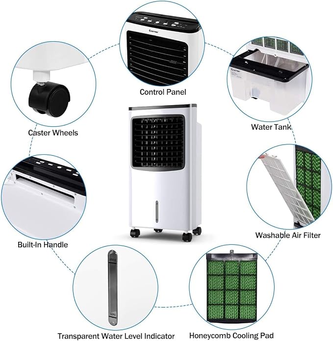 FANTASK Portable Air Cooler, Electric Air Cooling Machine with 3 Modes, 3 Speeds and Timer Function, Cooling Fan with Digital Display, Ice Crystal Box and Large Water Tank, Idea for Home Office