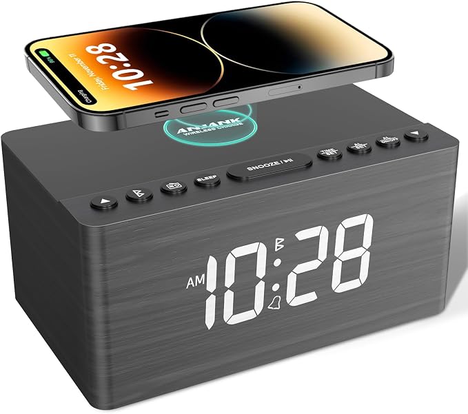 ANJANK Wooden Bluetooth Speaker Alarm Clock with Fm Radio, Wireless Charging Station for iPhone/Samsung, USB Charger Port, Dimmable Display, Sleep Timer, Digital Wood Bedroom, Bedside Grey+bluetooth