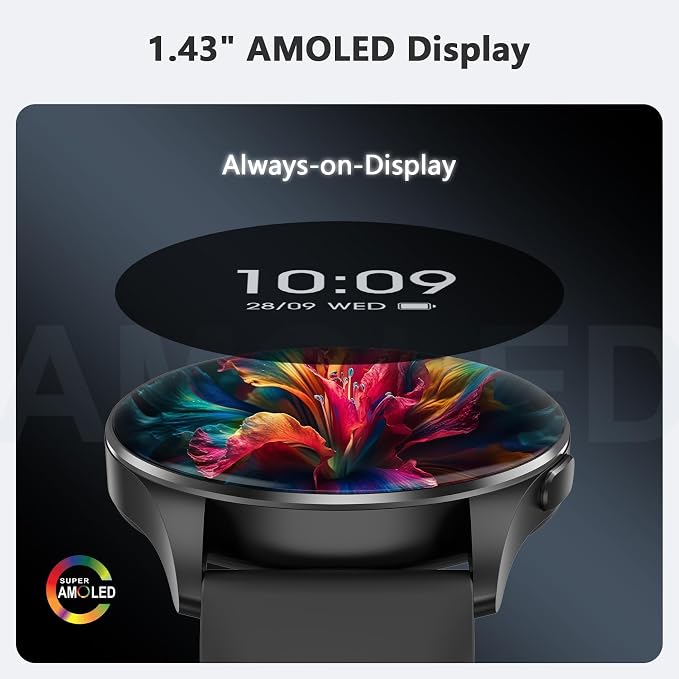 Blackview Smart Watch for Women Men (Make/Answer Calls),1.43''AMOLED Touchscreen Fitness Tracker with 100+ Sports Modes, Heart Rate/SpO2/Sleep Monitor/2 Straps, Smartwatch for iPhone & Android